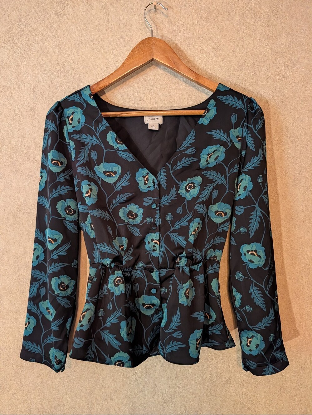 J CREW black blue floral button down blouse sz 2